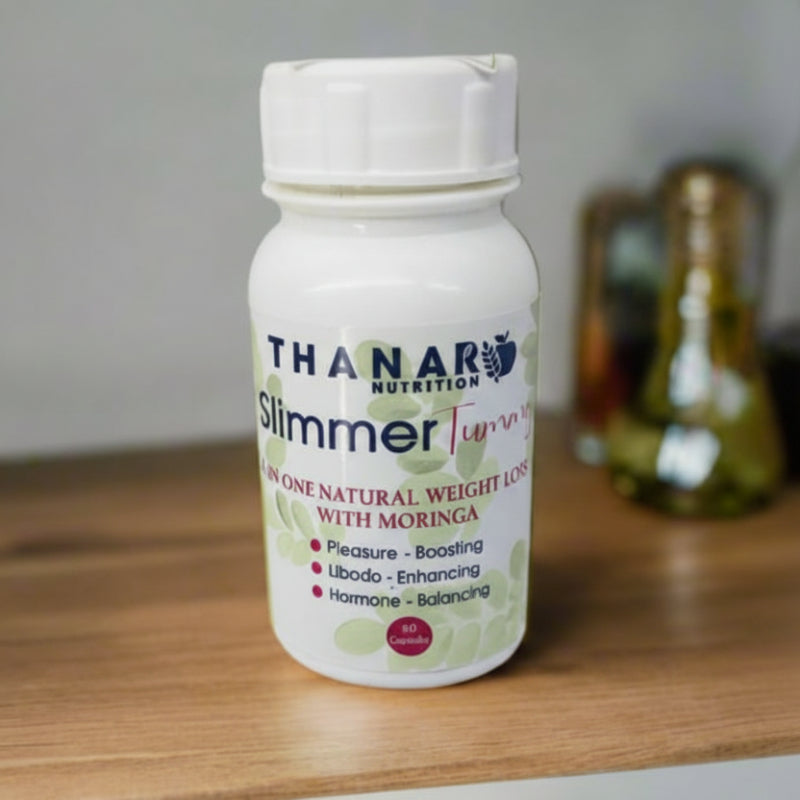 A white container labeled 'THANAR Nutrition Slimmer' with herbal slimming tablets.